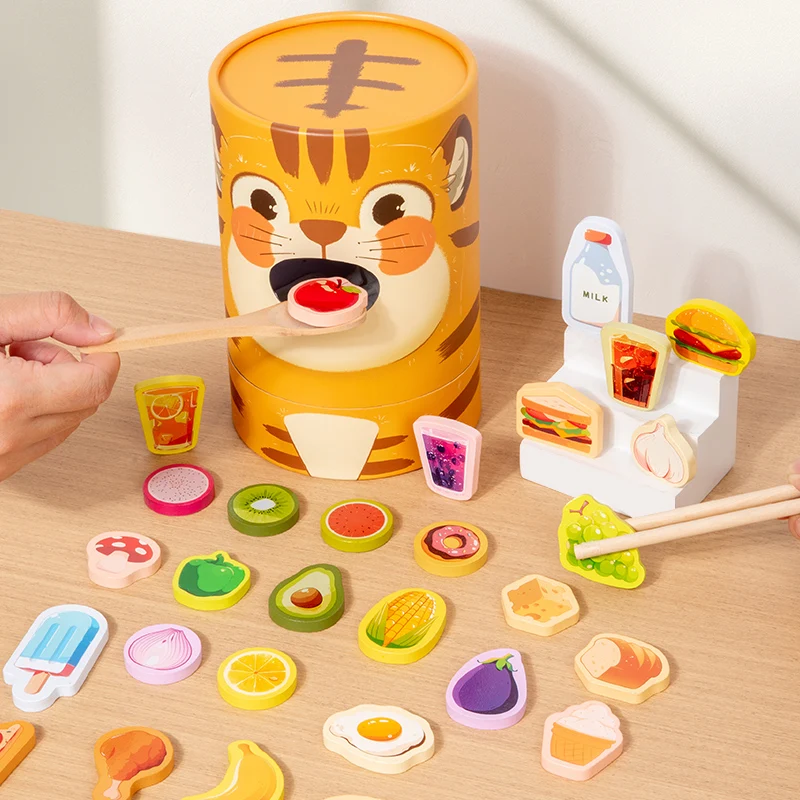 Juego de juguetes de madera para alimentación de tigre, juego interactivo de simulación, desarrolla alimentos, habilidades motoras finas para niños, maniquíes de mesa y imaginación