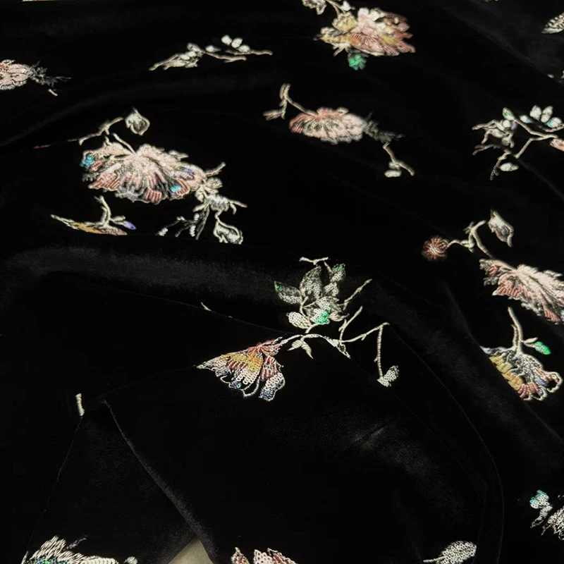 Sequins Floral Embroidered Velour Silk Fabric for Autumn Winter Dress Jacket Warm Black Velvet Fabric for DIY Sewing R7166