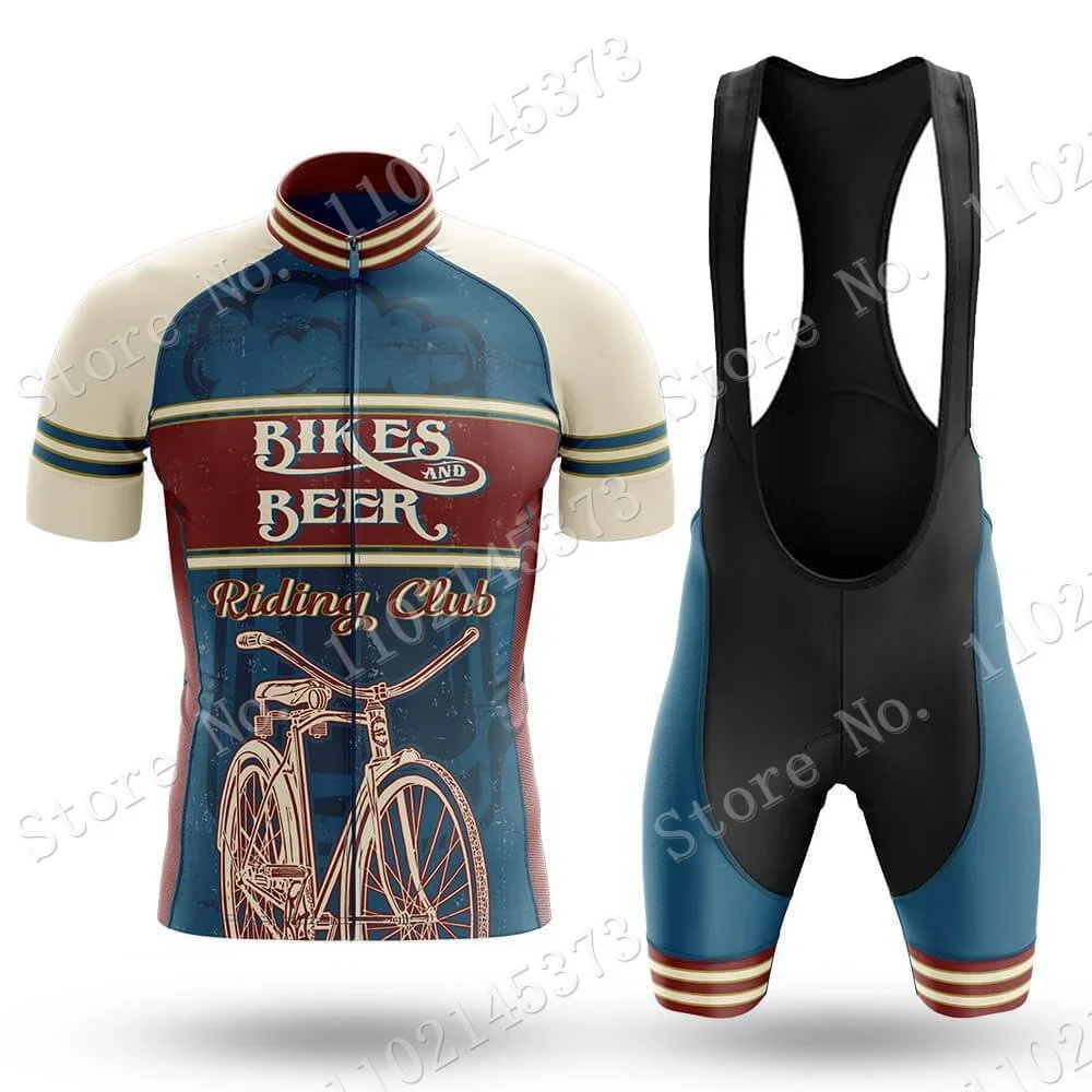 Retro Beer Cycling Jersey 2024 Set Red Blue Riding Club Vintage Clothing Summer Road Bike Shirts Suit Bicycle Bib Shorts MTB