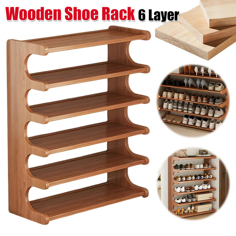 

Wooden Shoe Rack Shoes Storage Organizer 6 Layer Shoes Display Shelf Multi-Function Shoes Holder Rack for Living Room