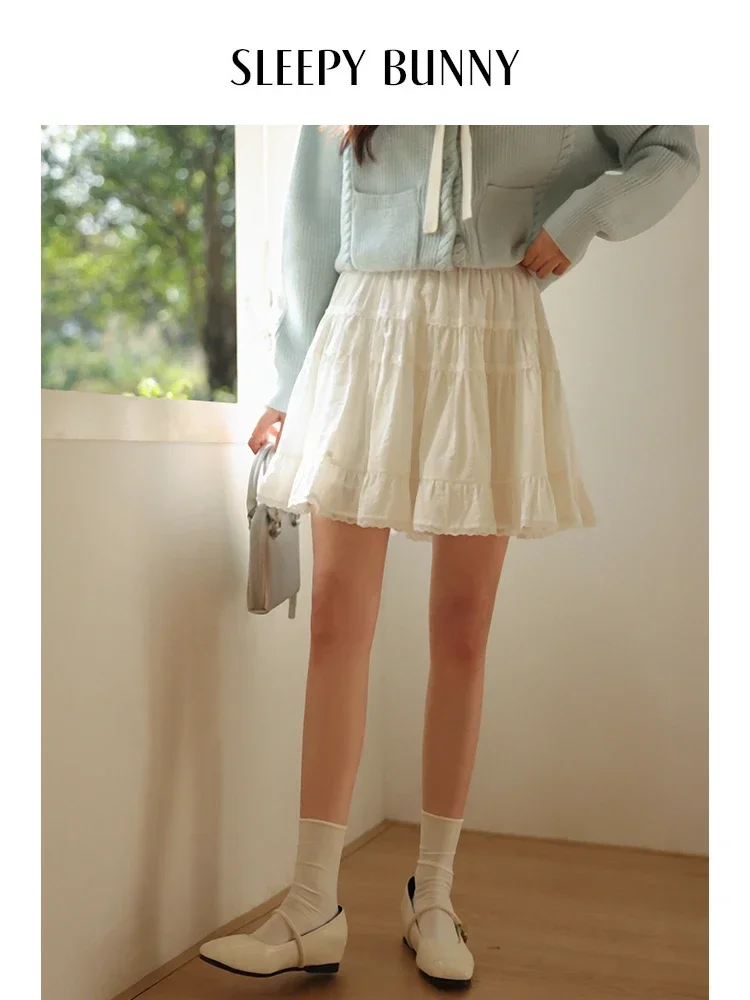 French White Sweet High Waist Pleated Skirt Women 2025 Spring Elastic A-Line Puff Layered Mini Skirt Cake Style Short Skirt