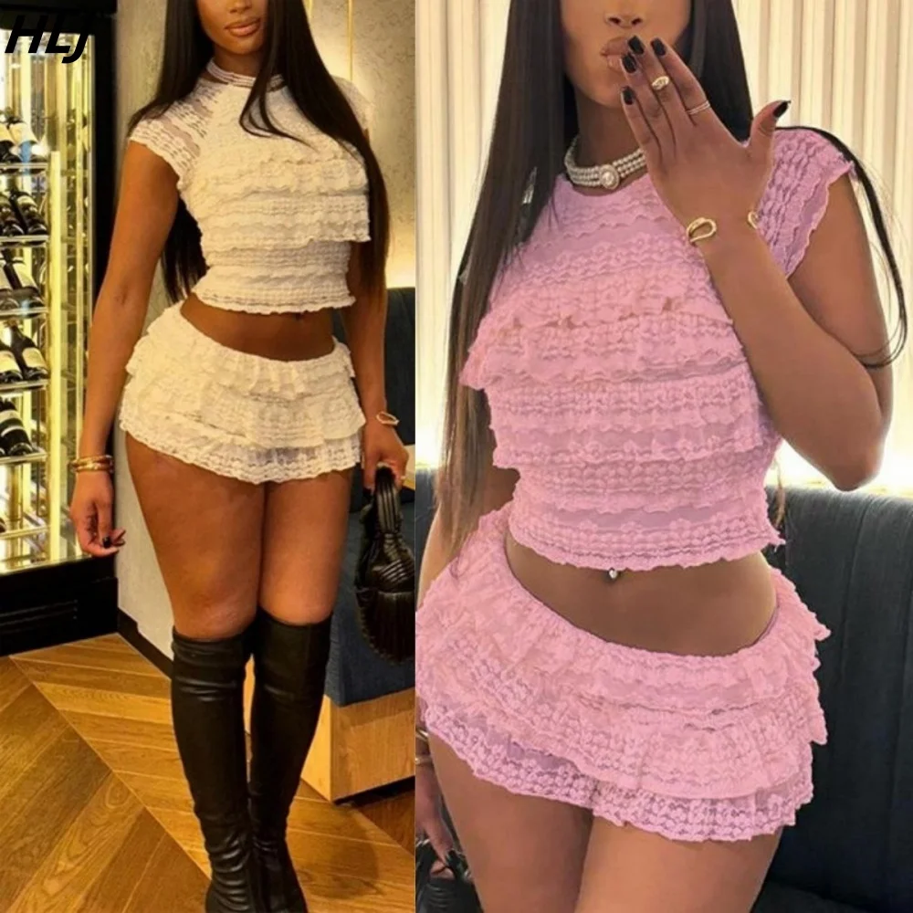 

HLJ Fashion Sweet Lace Ruched Two Piece Sets For Women O Neck Sleeveless Slim Crop Top And Shorts Outfits Female Y2K Streetwear