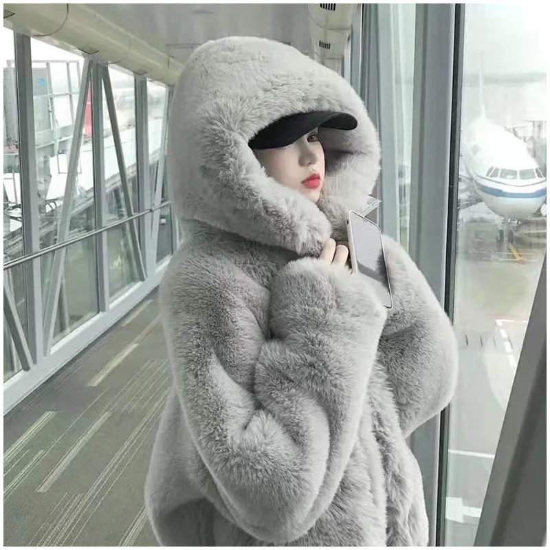 

Faux Rex Rabbit Fur Coat for Women Winter New Loose Fit Young Mid-Length Hooded Thick Fur Coat