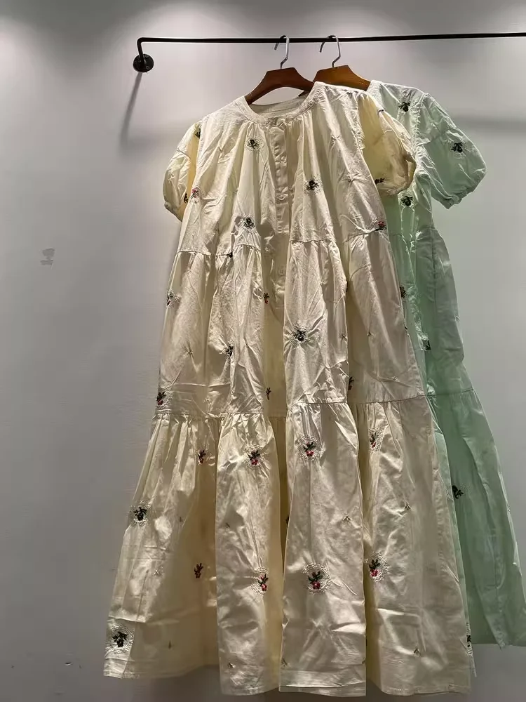 100% bawełna damska sukienka w stylu japońskim z krótkim rękawem beżowo-zielona haftowana sukienka maxi dla kobiet długa sukienka mori girl