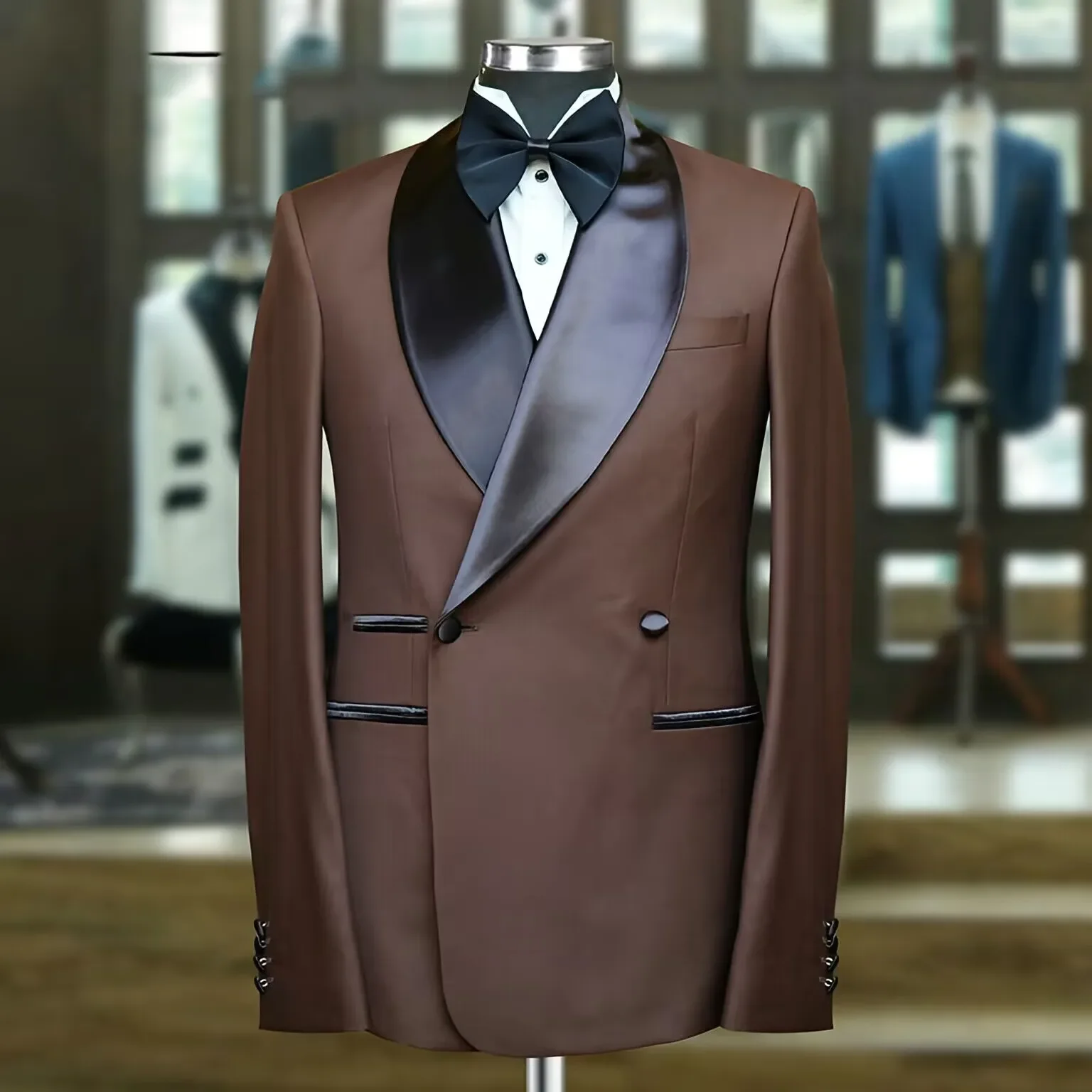 

High Quality Brown Buttons Long Sleeves V-Neck Men Suits For Wedding Groom Tuxedos 2 Pieces Jacket Pants Prom Customized