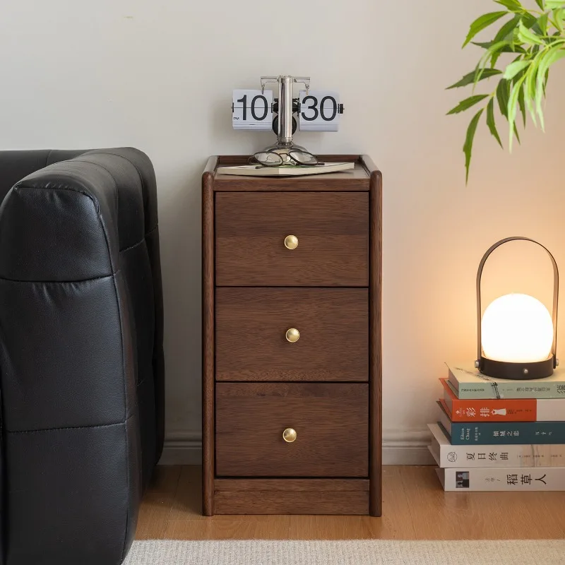 Black walnut all solid wood bedside table, simple and modern extremely three-draw narrow-side cabinet, bedroom storage cabinet,