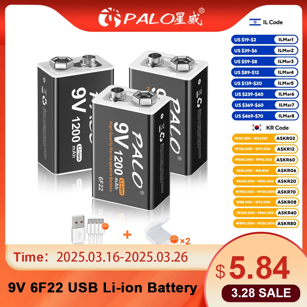 PALO 1-16pcs 9V Перезаряжаемая батарея 1200mAh 6F22 9V литий-ионная литиевая батарея USB для мультиметра микрофона игрушки пульта дистанционного управления