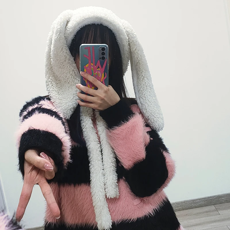 Japanese Loppy Bunny Eared Rabbit Cap Lolita Girl Earmuffs Cap Sweet Cute Rabbit Ears Plush Warm Winter Fleece Hats
