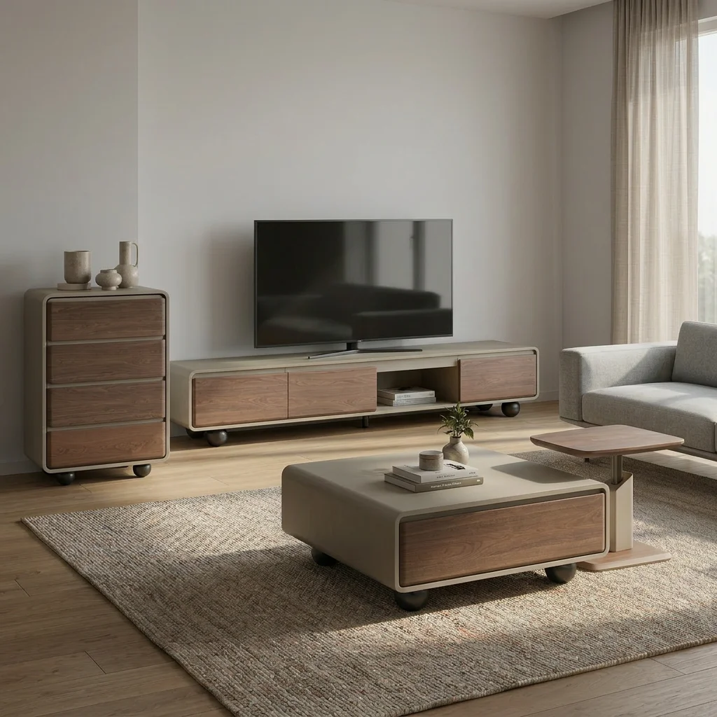 

！@Modern North American Walnut TV Stand Saddle Leather Accents Italian Minimalist Design Solid Wood MDF Media Living Room/Hotel