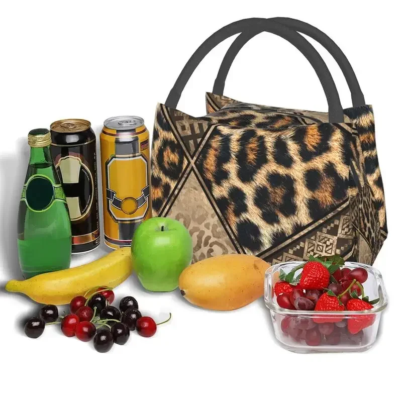 Ethnic Ornaments Brown Animal Leopard Print Insulated Lunch Bags for Women Leopard Skin Resuable Thermal Cooler Food Lunch Box