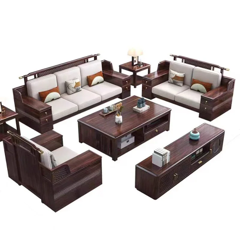 

New Chinese style, ebony wood, solid wood, sofa, household, living room, large apartment, fabric art