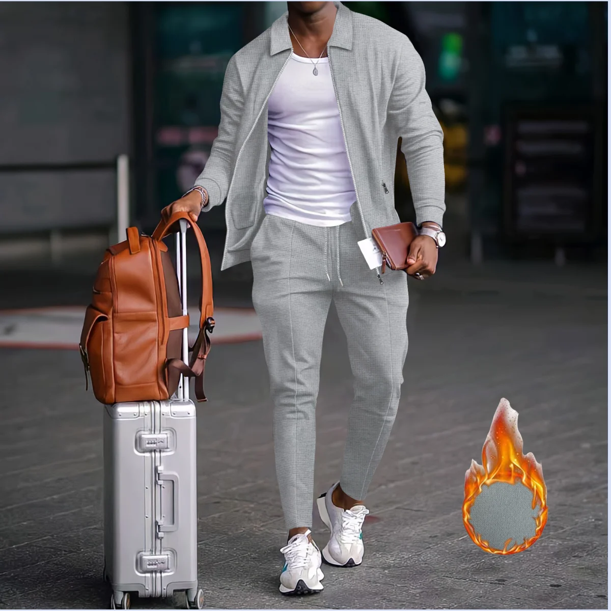 

Men's 2 Piece Tracksuit Solid Color Waffle Knit Full Zip Jacket & Tapered Drawstring Pants Casual Daily Wear Loungewear