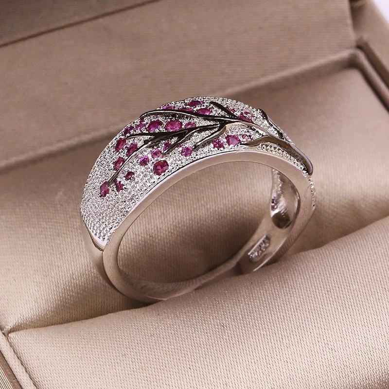 Luxury Silver Color Plum Blossom Branch Stones Cubic Zirconia Women Rings Fashion Jewelry Wedding Rings for Women Jewelry