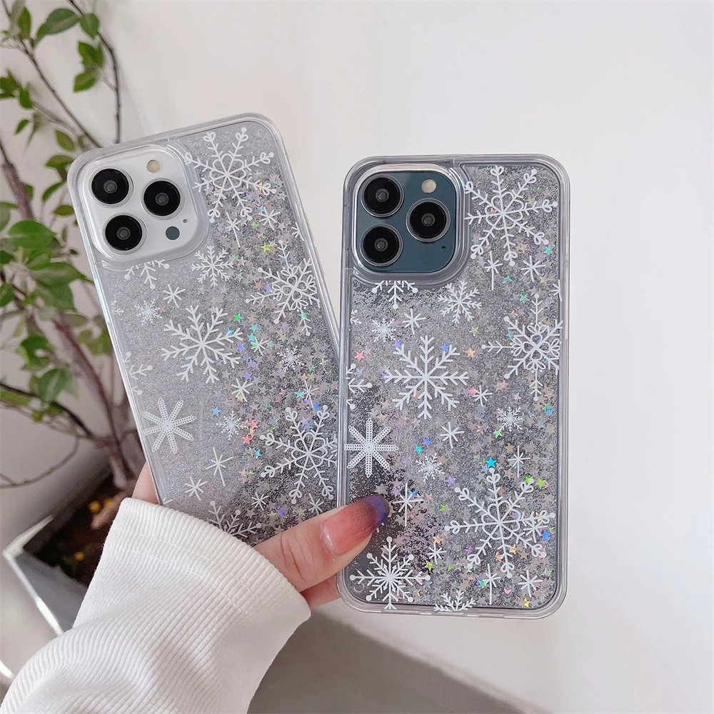 Snowflake Phone Case for iPhone 16 Plus 15 14 Pro Max 13 12 11 Funda Liquid Glitter Quicksand Back Cover Glitter Capa