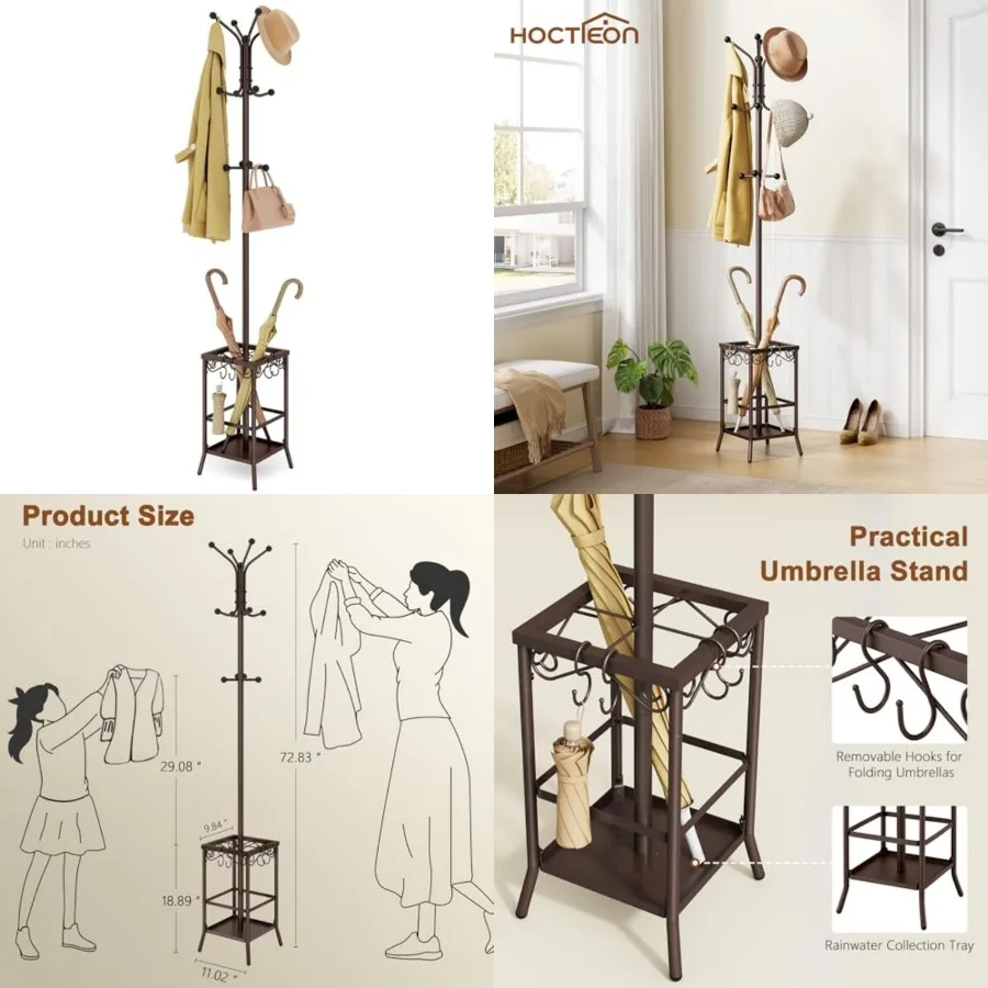 

Coat Rack Freestanding, Coat Tree with Umbrella Holder, Metal Coat Rack Stand with 12 Hooks, Standing Coat Hanger Stand, Umbrel