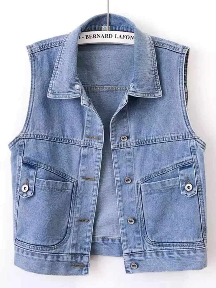 

Casual Denim Vest Women's Spring Autumn New Style Retro Short Sleeveless Collar Jacket Student Fashion Commute Outerwear