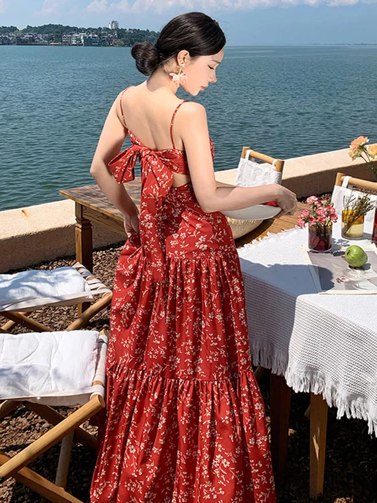 Elegant Boho Flowers PrintLong Dress Ladies Spaghetti Strap Sexy Bowknot Backless Pleated Slim Design Summer Beach Long Dress