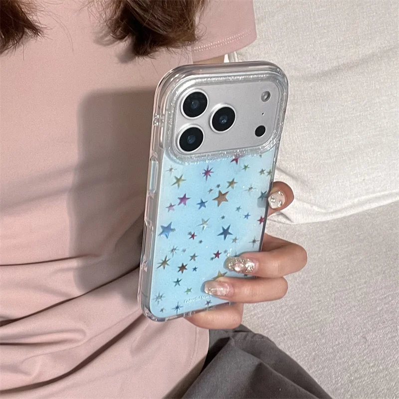 

Korean Glitter Cute Star Phone Case For iPhone 17 Pro 14 16 15 Pro Max Back Cover Shockproof Protective Cases Lovely Capa