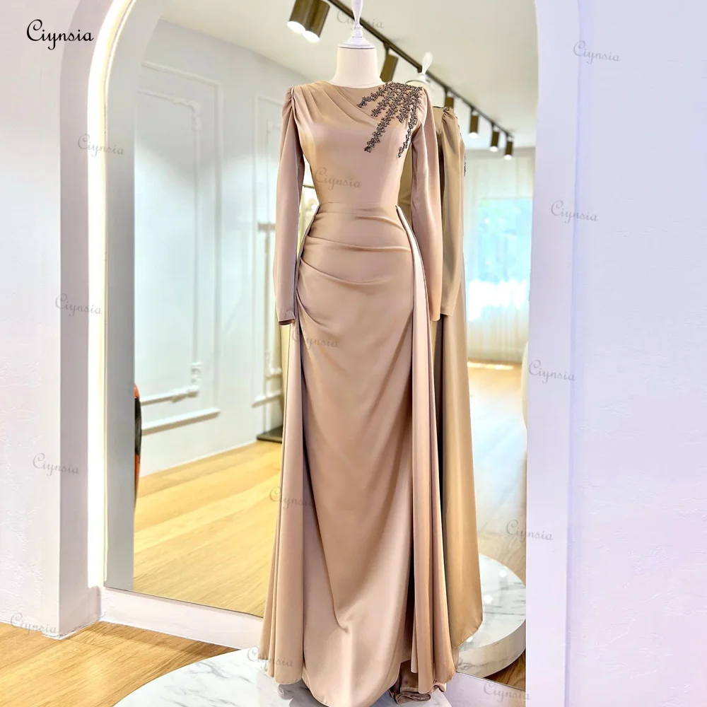 Ciynsia Elegant Muslim Formal Occasion Dresses for Women Champagne Satin Beaded Long Sleeve Evening Gown Mermaid Robes De Soirée