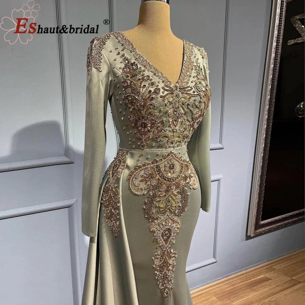 Elegant Mermaid Satin Evening Dress for Women 2024 Long Sleeves Arabic V Neck Beads Formal Prom Wedding Party Gowns Customized