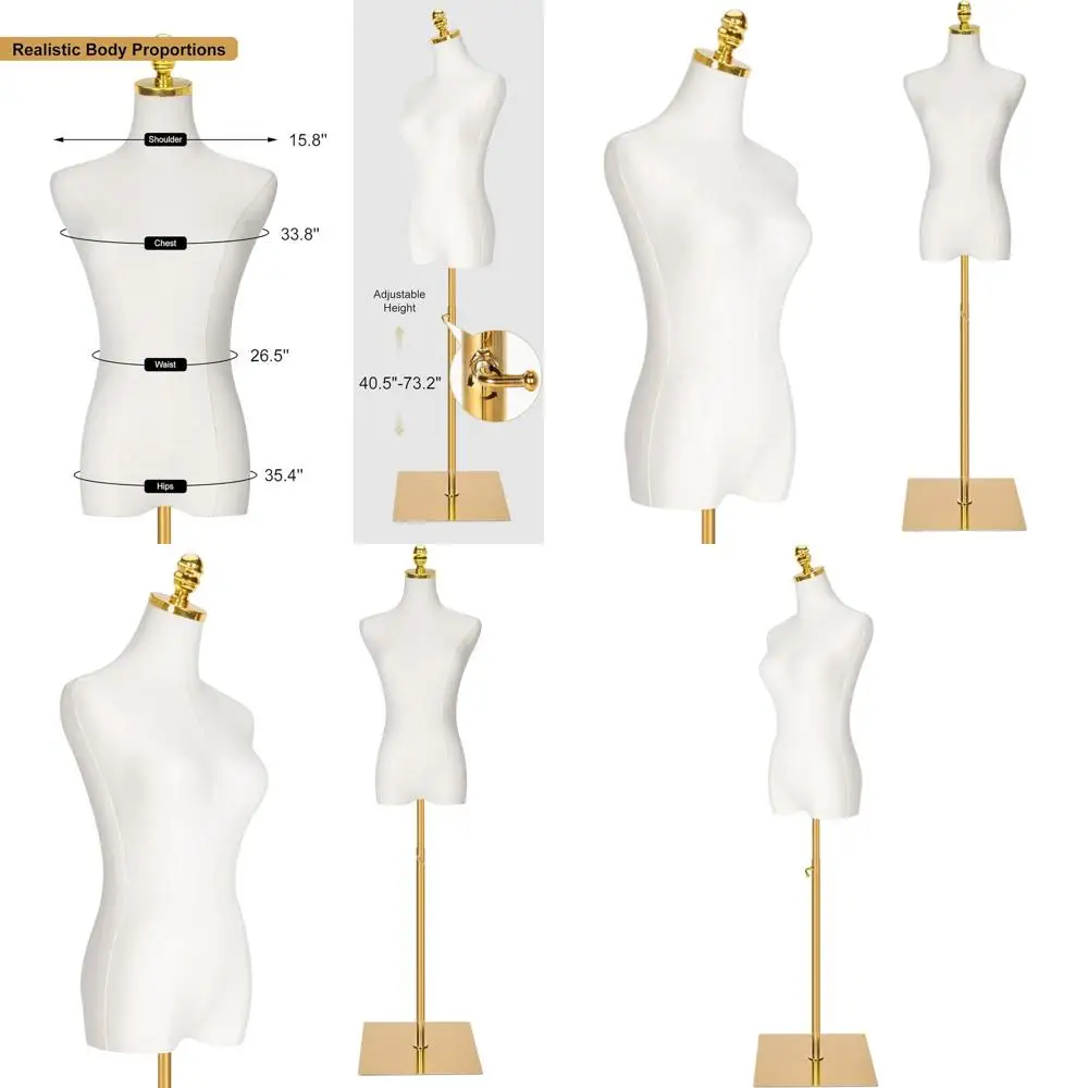 

Adjustable Height Female Gold Clothes Mannequin, White, 40-73 Inch, Metal Base