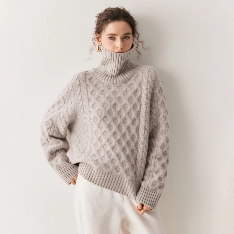 

Women's New Style Turtleneck Thick Pullover 100% Cashmere Loose Wave Pattern Sweater Autumn Winter Fashionable High Quality Tops