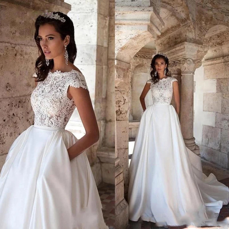 Robe de mariée trapèze style Boho en Satin, tenue de princesse élégante avec poches en dentelle, col rond, manches cape