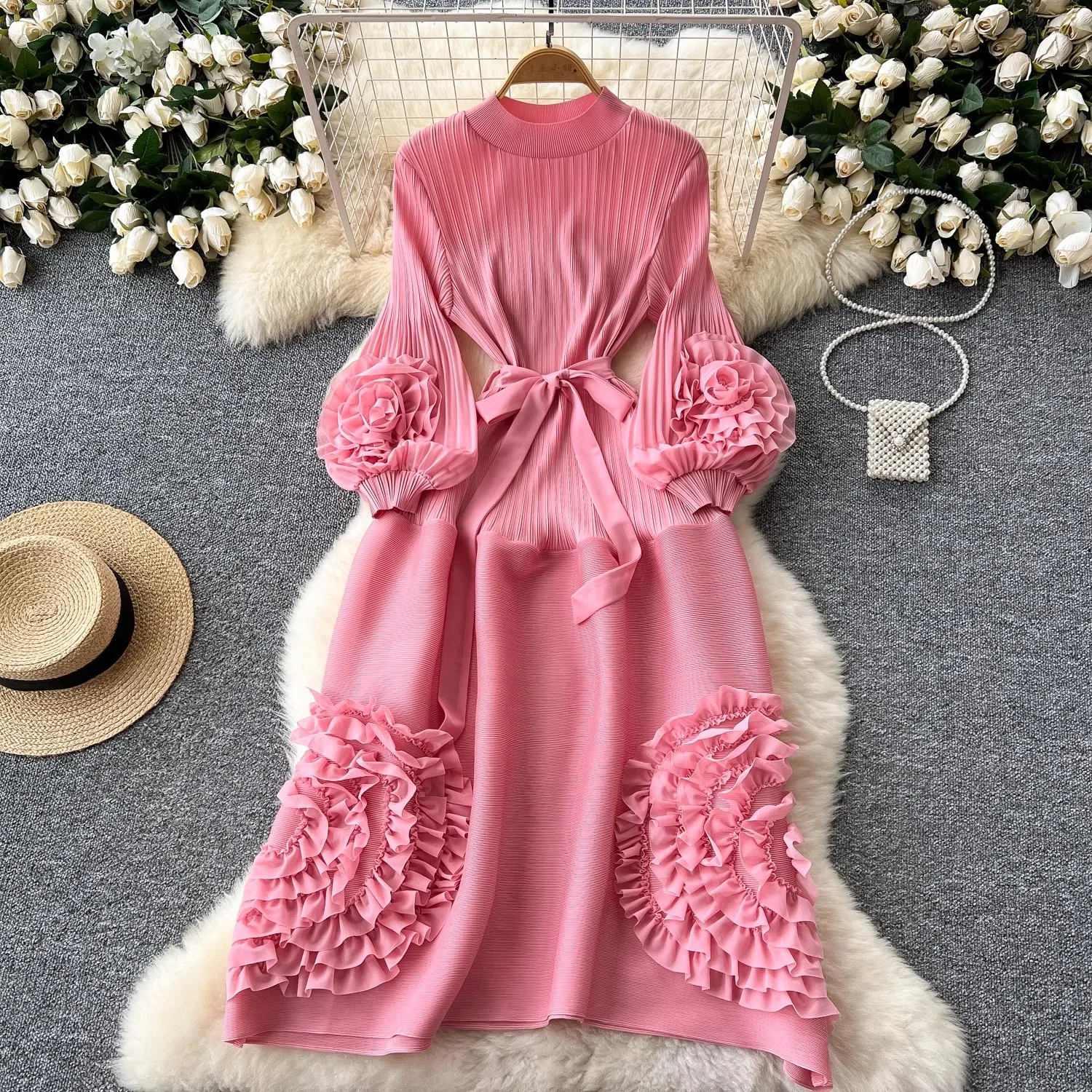 New Miyake High End Tied Up Oversize Pleated Long Robes Turtleneck Bubble Petal Sleeves High Waist Formal Dresses Women Clothing