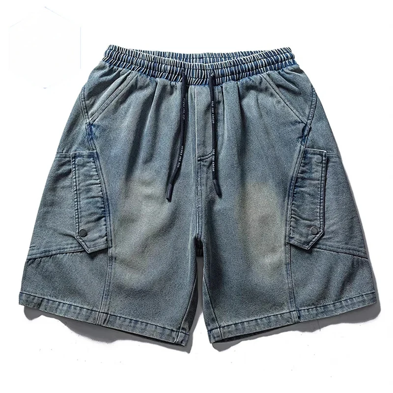 

Men Vintage Blue Denim Shorts Multi Pocket Cargo Jeans Shorts Summer Casual Loose Wide Leg Shorts