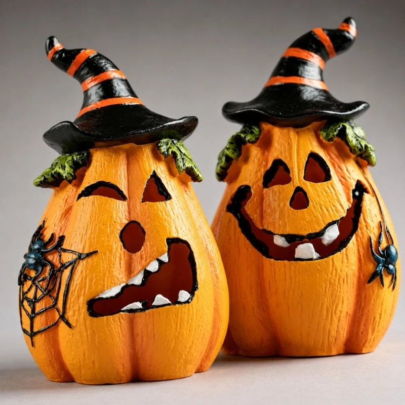 2Pcs Halloween Cutout Pumpkin Decors Resin Figurine With Witch Hat and Carving Face, Seasonal Tabletop Holder for Y5GB