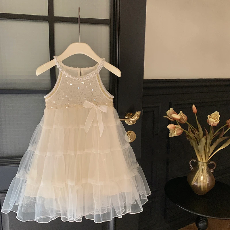 A-Line Fluffy Vestidso 2-8Y Children Summer Fashion Sequins Frock Kids Girls Cute Mesh Dress Halter Patch Pearls Sleeveless