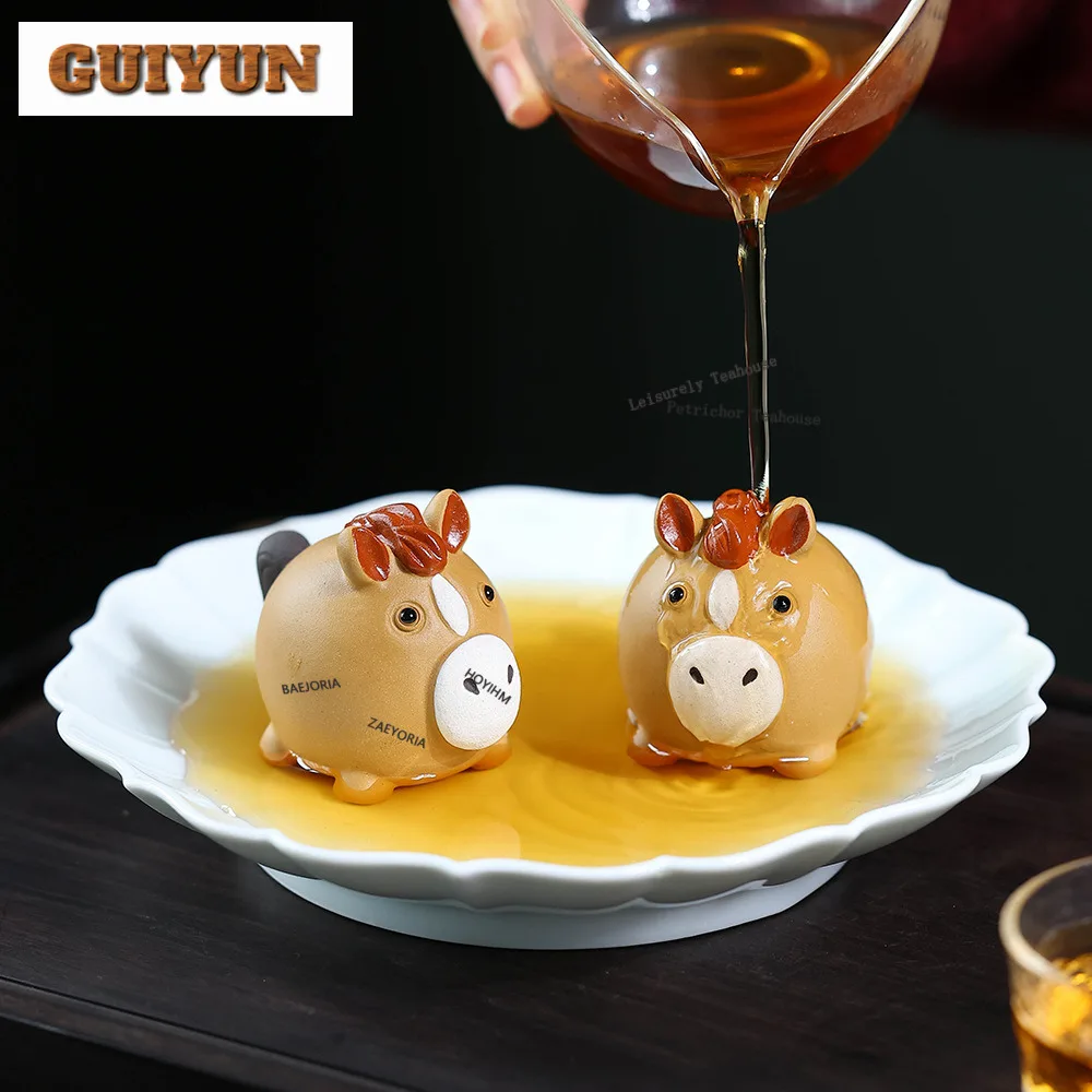 Yixing Purple Clay Chubby Horse Tea Pet Handmade Tea Sculpture Tea Figurine Play Toys Tea Statue Ornaments Drinkware Accessories