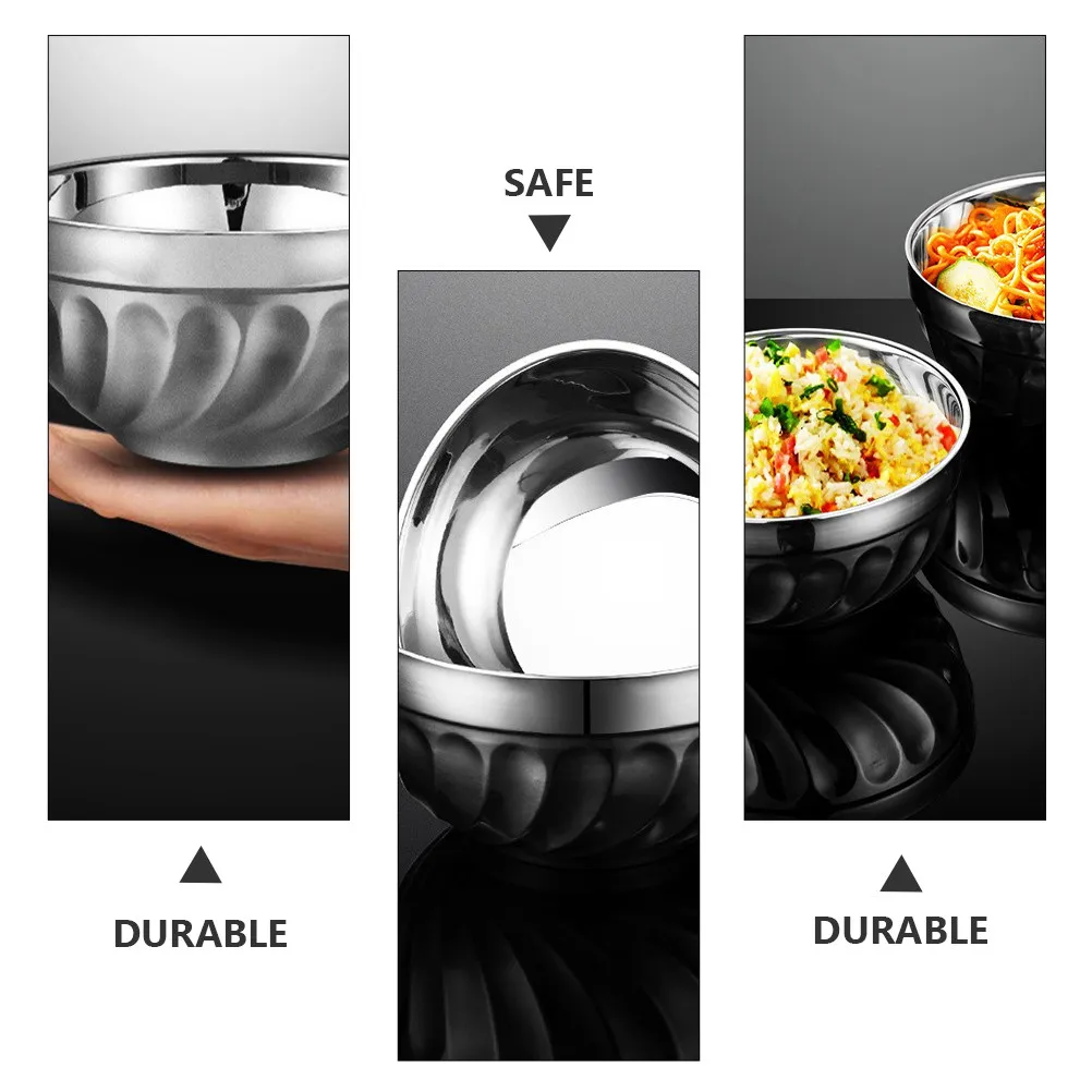 3Pcs Insulated Stainless Steel Bowls Double Layer Heat Resistant Anti-Scald Food Serving Kitchen Tableware Rice Soup Salad