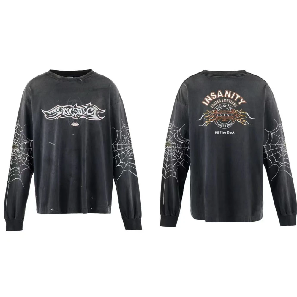 Saint Washed Damaged Long Sleeved T-shirt Men Women Best Quality Tee Tops T Shirt