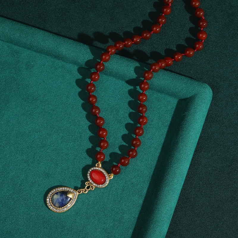 Vintage Red Agate Beads Necklace Natural Stone Opals Pendant Woman Jewelry Water Drop Accessories Luxury Designer High Quality