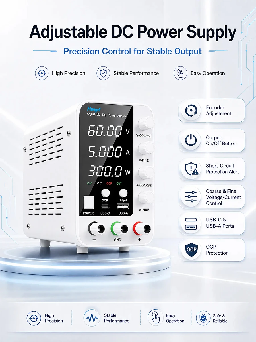 Imagen 6: Fuente de Alimentación de Laboratorio DC 30V 60V 120V, Regulador de Voltaje Conmutable, Control de Corriente Preestablecido Práctico, Adaptador de Corriente para Laboratorio