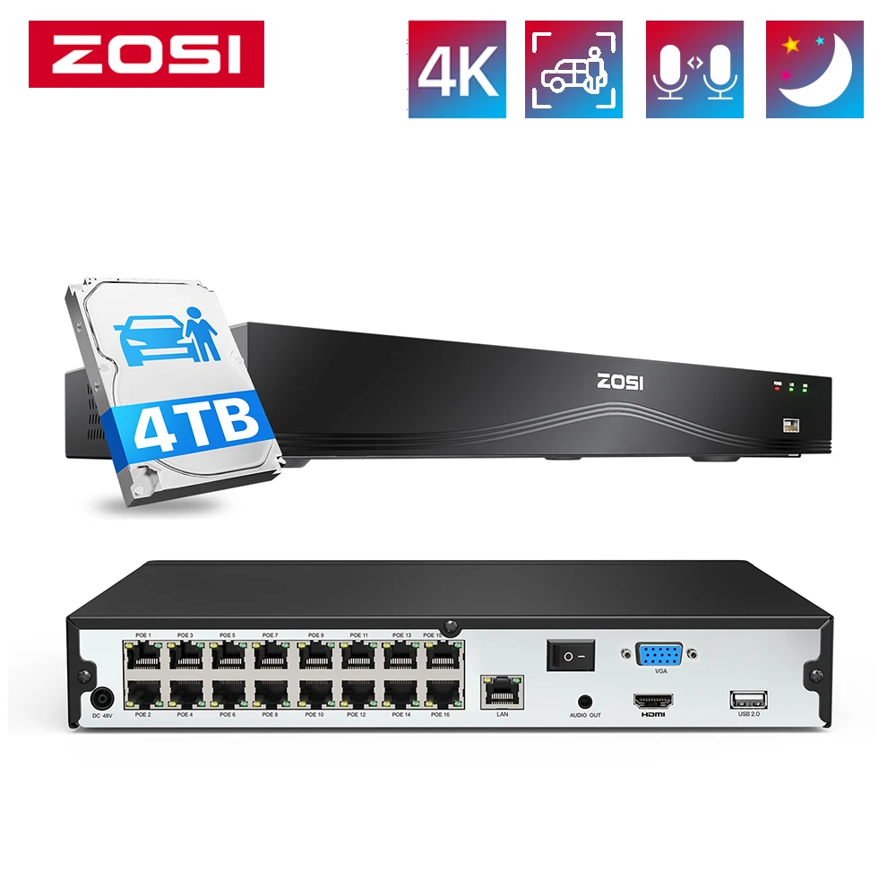 ZOSI 4K 32CH Network Video Recorder 32 Channel 16-Port 8MP Dual-Disk Backup NVR Surveillance System Only Work with ZOSI PoE Cam