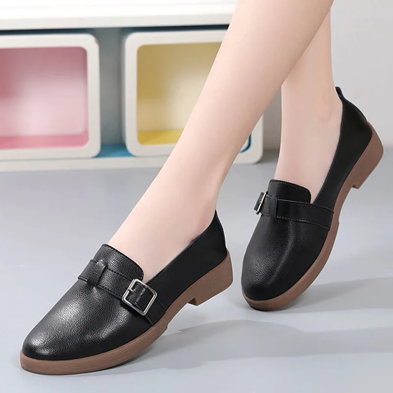 Women Brogue Shoes Woman Flats Autumn Spring Women\'s Oxfords Genuine Leather Full Black Flat Office Derby Female Shoes