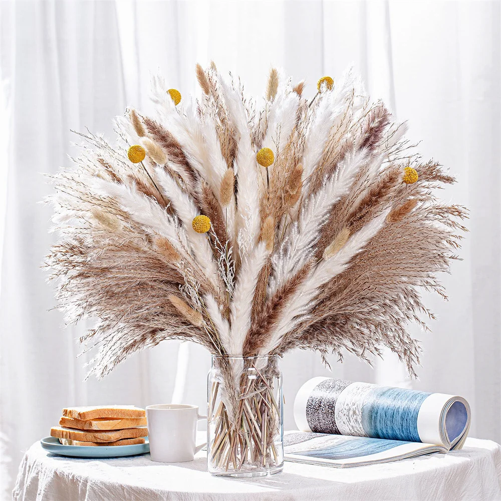 85PCS Natural Dried Pampas Decor Fluffy Pompas Grass Boho Home Decor Flowers Bouquet for Wedding Floral Room Home Decorations