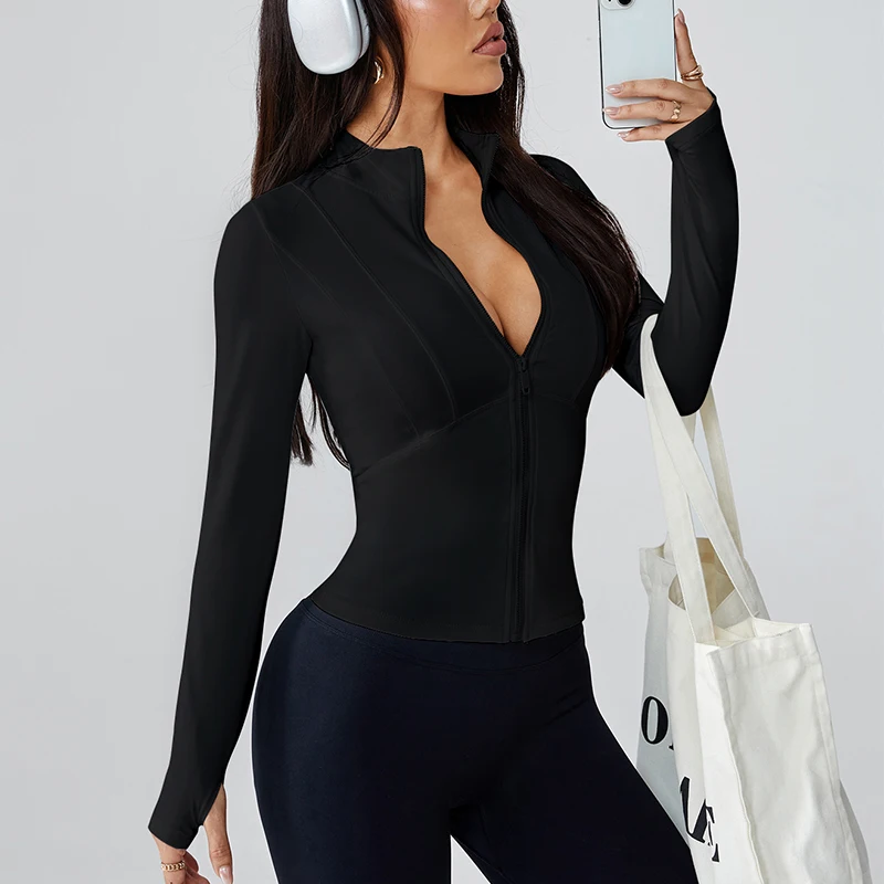 ملابس اليوغا النسائية الربيع والصيف الوقوف طوق جاكيت زيبرا التخسيس واقية من الشمس بأكمام طويلة الراقية واللياقة البدنية #6