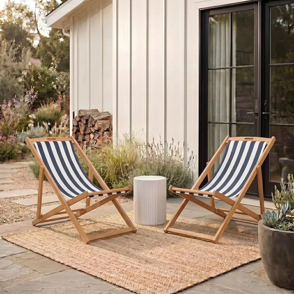 Sling Chair Set of 2 in Natural & Navy Stripe, Solid Wood, Portable Bistro Style, Perfect for Patio, Poolside, Backyard, 24W x 4