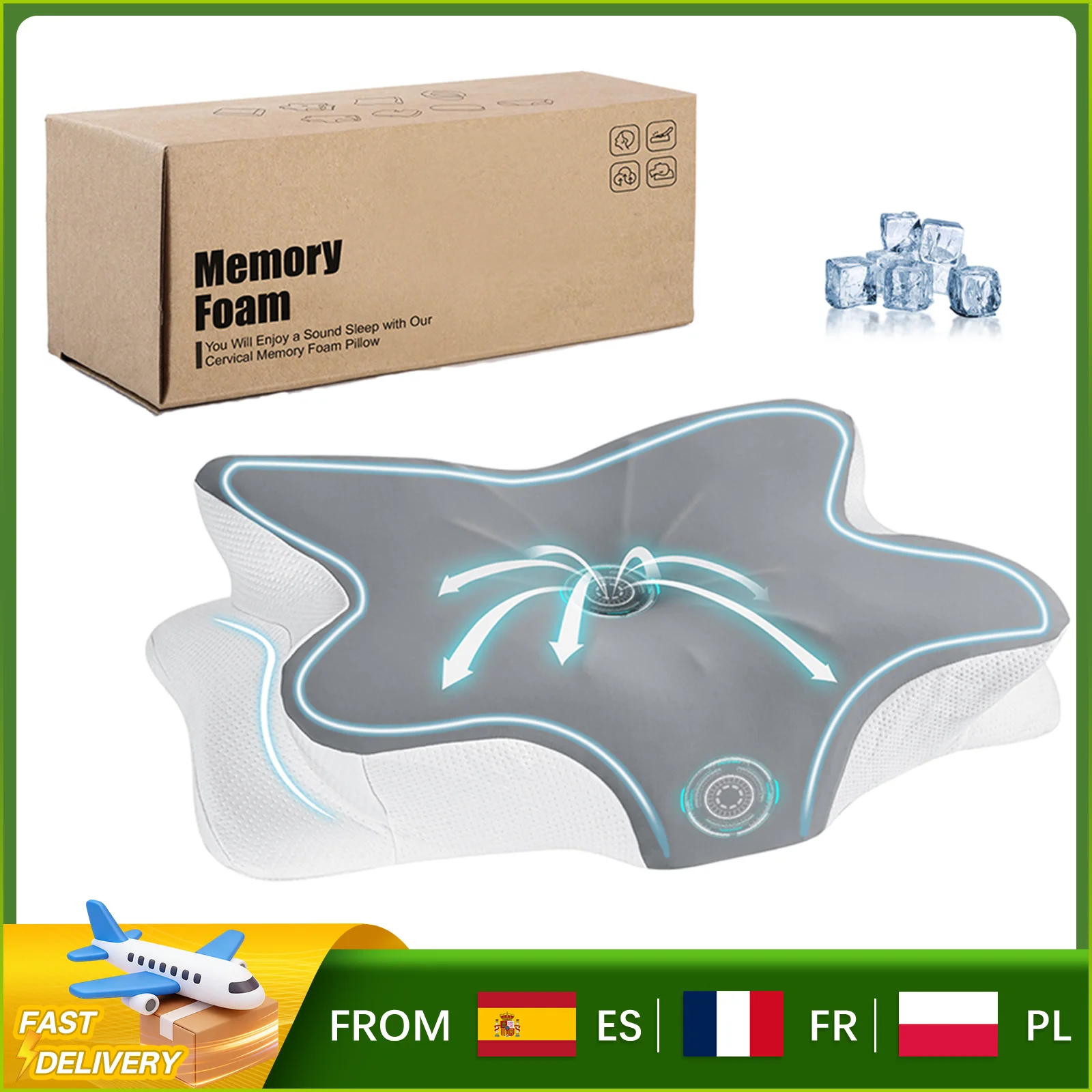 Oreiller cervical en mousse à mémoire de forme, soutien ergonomique du cou, oreiller rafraîchissant en soie glacée, 63x42,5 cm, housse lavable, oreiller pour soulager le sommeil