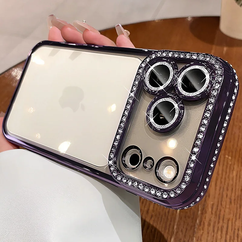 Luxuriöse Bling-Kristall-Linsenschutzfolie Handyhülle für iPhone 11 12 13 14 15 16 17 18 Pro Max Plus Air Stoßfeste Silikon-Bumper-Hülle – Detail 7