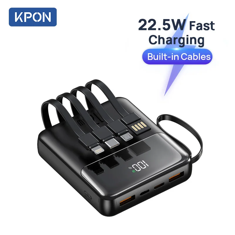 KPON 대용량 고속 충전 보조배터리, 4 케이블 내장, 휴대용 배터리, 아이폰 15, 14, 13, 화웨이, 샤오미, 22.5W
