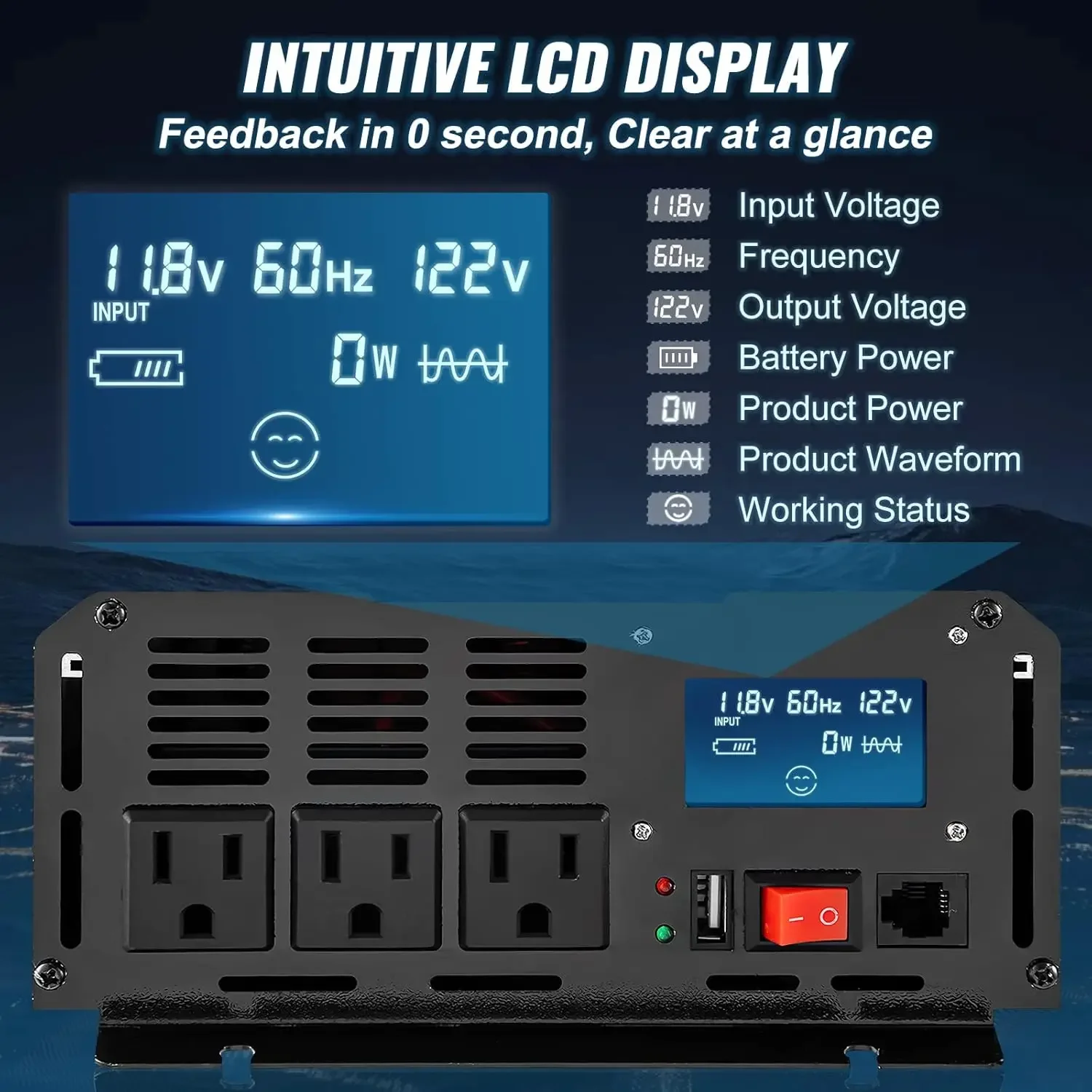 2500 Watt Power Inverter, DC 12V to AC 120V Car Inverter, with USB Port, LCD Display, and Remote Controller Power Converter