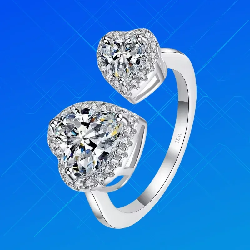 

Designer Jewelry Mind Acts Upon Mind 18K White Gold VVS1 D Color 2.5CT Moissanite Romantic Diamond Ring Double Heart for Women