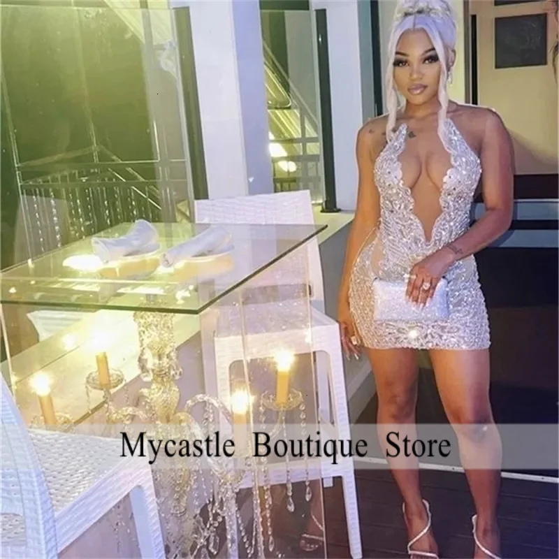

Argent Silver Rhinestone Mermaid Prom Dress Black Girl Crystal Beading Birthday Dresses Sexy Mini Cocktail Customized 250827CJ