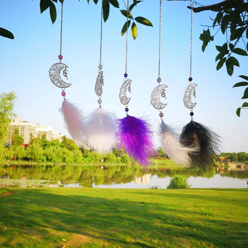 Car Hang Ornaments Stars And Moon Wind Chimes Feather Car Rearview Mirror Pendant Styling Decoration Auto Interior Accessories