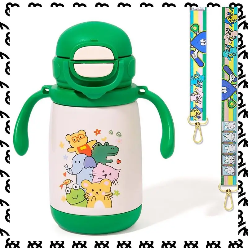 A07I Insulated 13 Oz Kids Water Bottle In 316 Stainless Steel, Includes Straw& Spout Lid, Shoulder Strap And Handle