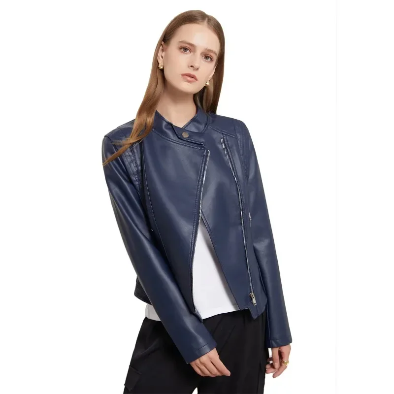 New PU Leather Lapel Women's Slim-fit Leather Jacket Spring and Autumn Thin Long Sleeve Stand Collar Coat Short Female Jacket